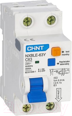 Дифференциальный автомат Chint NXBLE-63Y 1P+N 25А 10mA AС С 4.5kA / 105526
