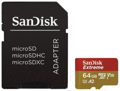 

Карта памяти SanDisk, Extreme microSDXC 64GB + адаптер (SDSQXA2-064G-GN6AA)