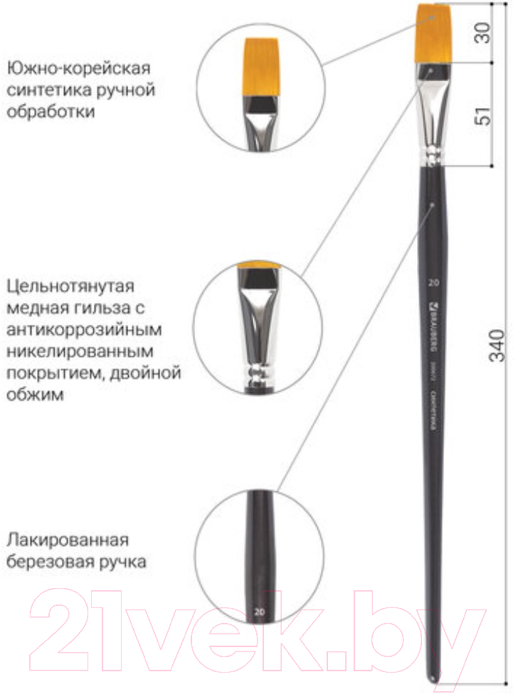 Кисть для рисования Brauberg Синтетика жесткая 20 / 200672 (плоская) — фото 4
