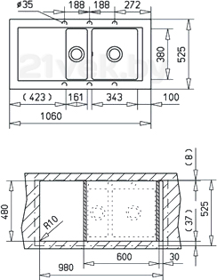 Мойка кухонная Teka Aura 60 B-TG / 88564 (оникс) - схема встраивания
