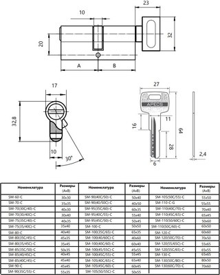 Цилиндровый механизм замка Apecs SM-105(50/55С)-С-NI