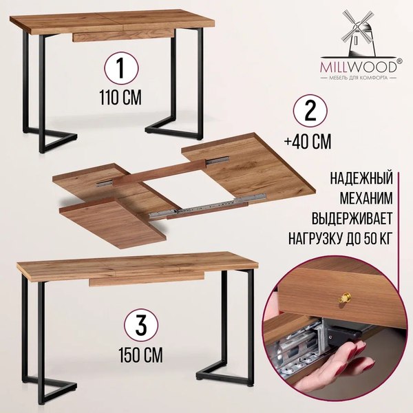 Купить Обеденный стол Millwood Лофт Лондон Л 110-150x70x76 в Молодечно