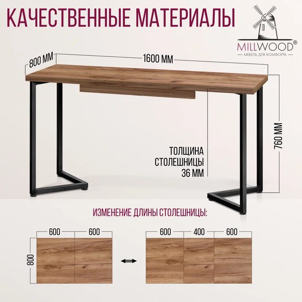 Купить Обеденный стол Millwood Лофт Лондон Л 120-160x80x76  