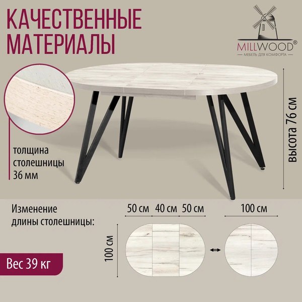 Обеденный стол Millwood Женева 3 Л раздвижной D100x140x100x76 (дуб белый Craft/металл черный)