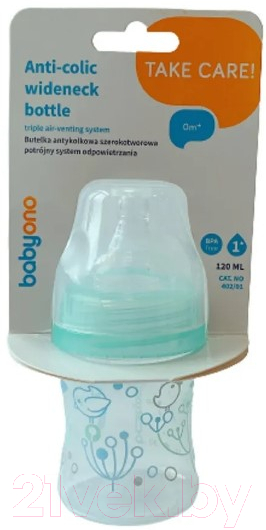 Бутылочка для кормления BabyOno Антиколиковая с широким горлышком / 402 (120мл, бирюзовый) — фото 2