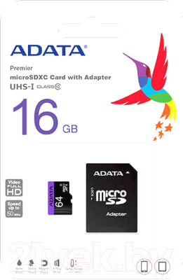 Карта памяти A-data microSDHC UHS-I (Class 10 A1) 16 Гб + адаптер