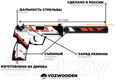 Пистолет игрушечный VozWooden Active USP-S Азимов / 2002-0401