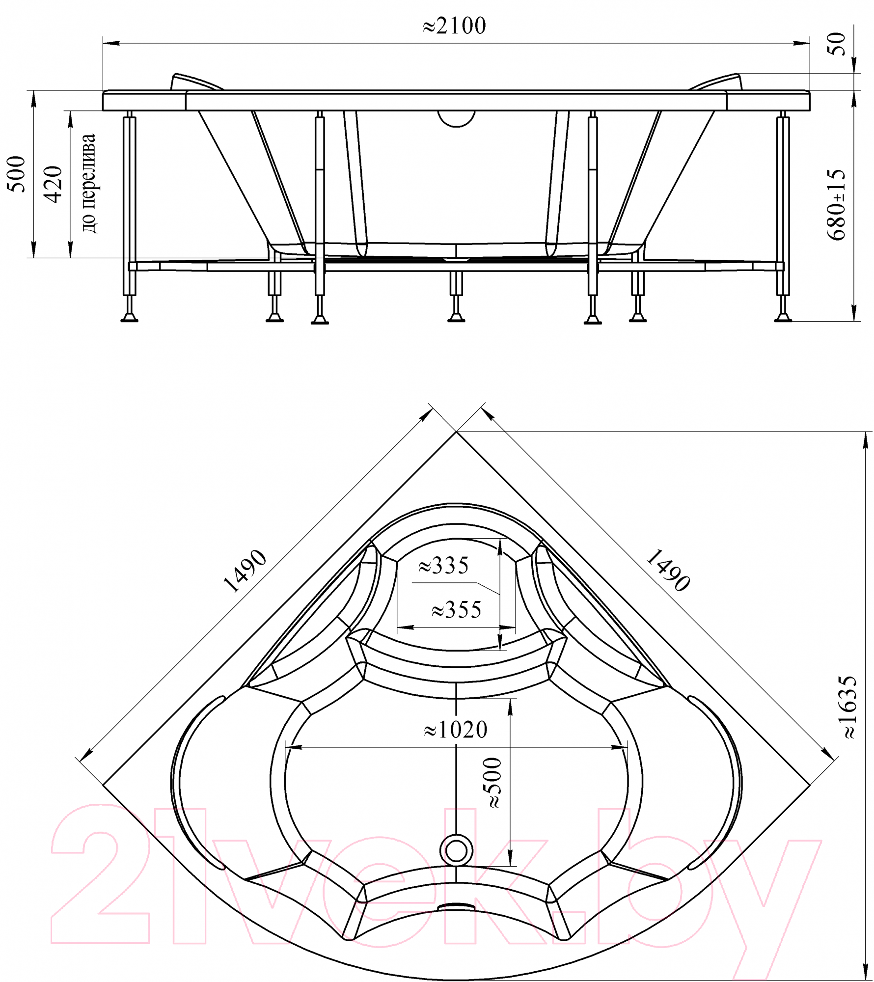 Ванна акриловая Vannesa Сандра 149x149 / 2-78-0-0-1-221 (с экраном и каркасом)