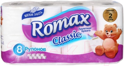 

Туалетная бумага Romax, Белый, Classic Неокрашенная с гильзой