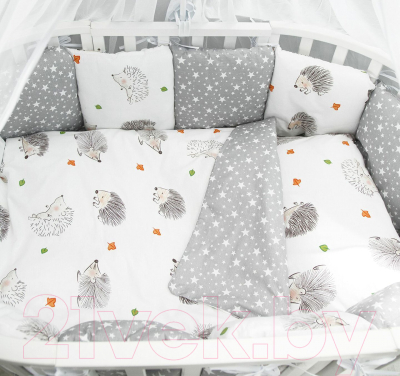 Комплект постельный для малышей Amarobaby Premium Крошка Ежик / AMARO-3018-KE (белый/серый)