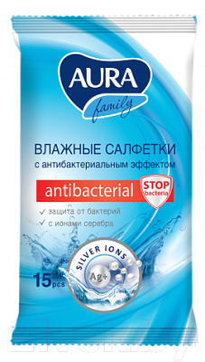 Влажные салфетки Aura Antibacterial (15шт)