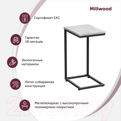 Приставной столик Millwood Art-1.1 Л 30x40x60 (бетон миллениум/металл черный)