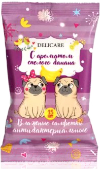 Влажные салфетки детские Delicare Собаки Анибактериальные с ароматом спелого банана (15шт)