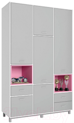 Шкаф Polini Kids Mirum 2335 трехсекционный / 0002121.149 (белый/серый/розовый)