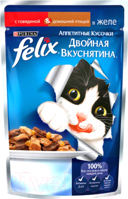 Влажный корм для кошек Felix Двойная вкуснятина с говядиной и домашней птицей в желе (85г)