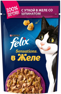 Влажный корм для кошек Felix Sensations в желе с уткой и шпинатом (85г)