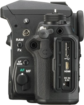 Зеркальный фотоаппарат Pentax K-3 Body (черный) - вид сбоку (разъемы)