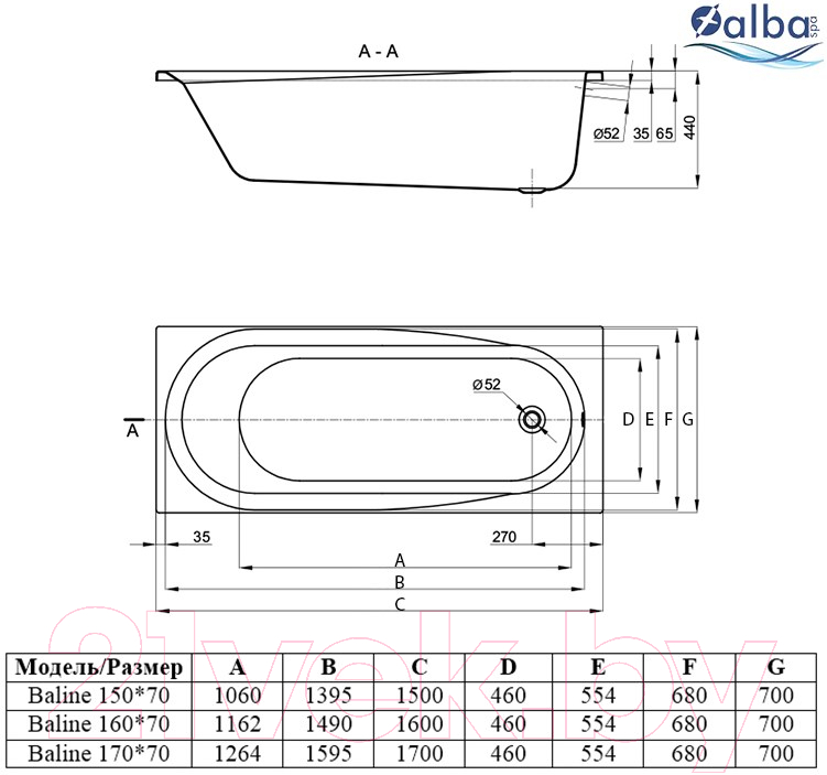 Ванна акриловая Alba Spa Baline 160x70