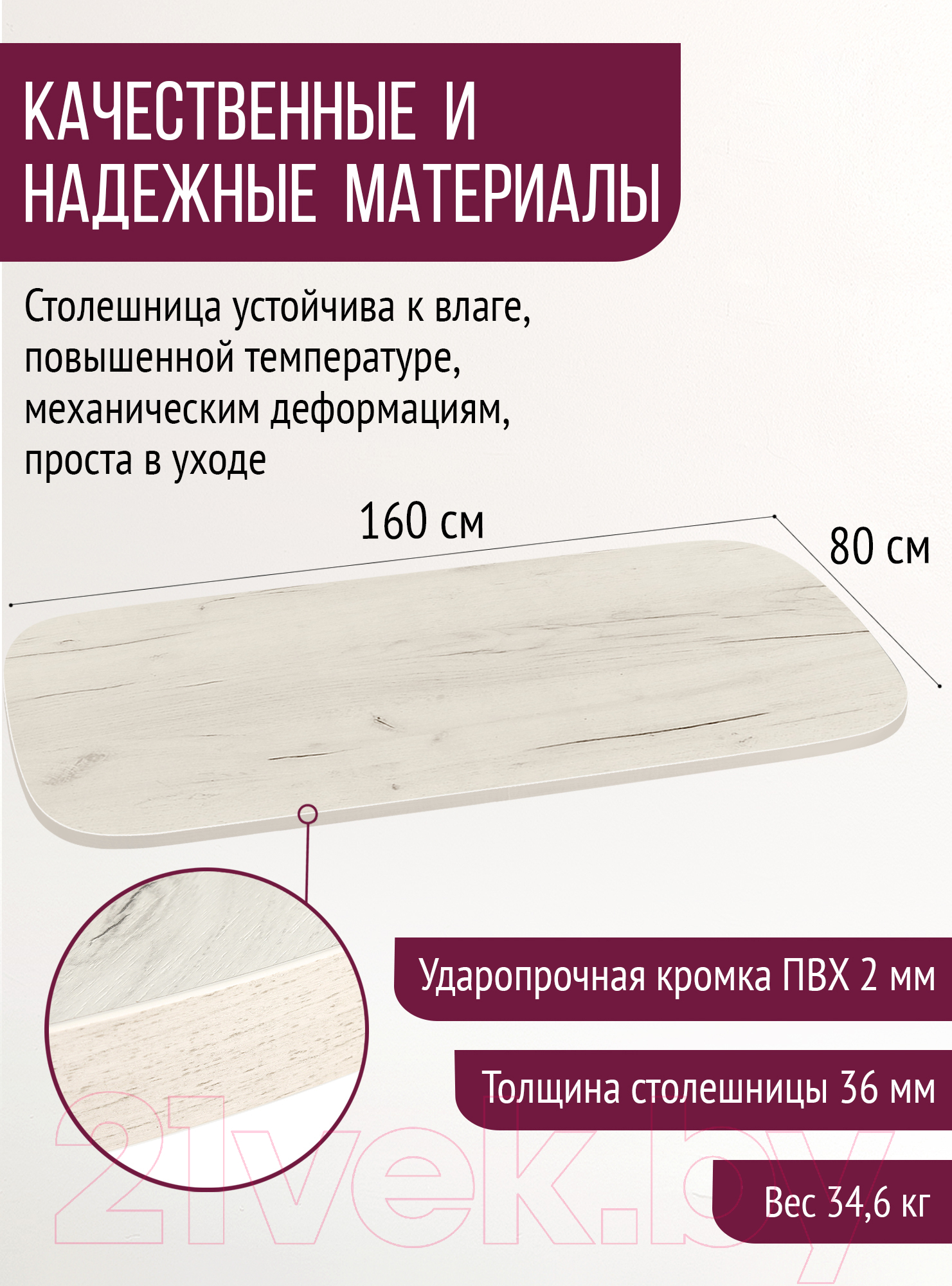 Столешница для стола Millwood М 160x80 (дуб белый Craft)