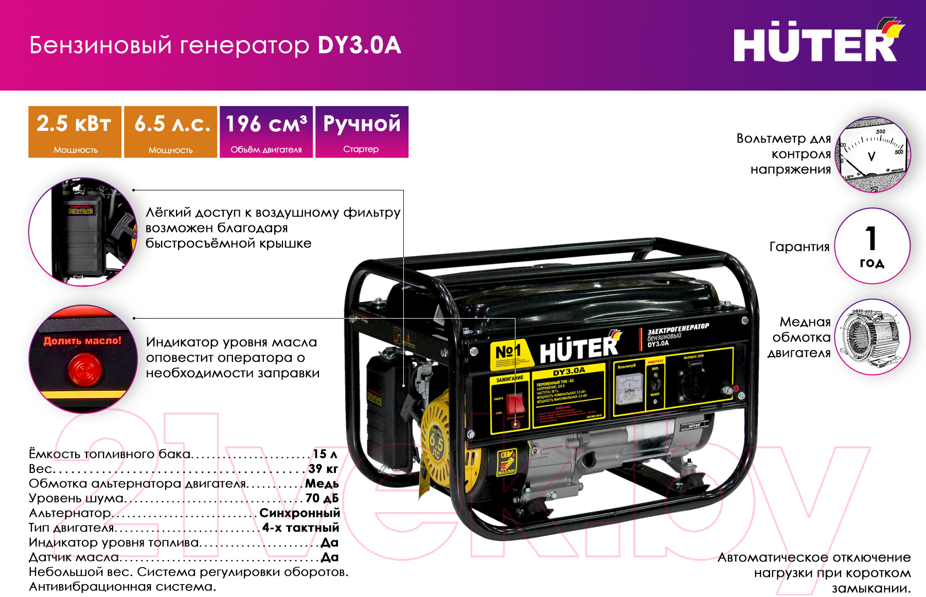 Бензиновый генератор Huter DY3.0A (64/1/56)