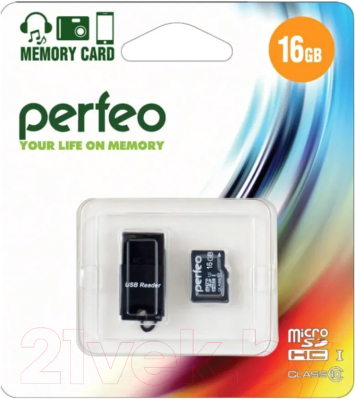 Карта памяти Perfeo MicroSDHC 16GB (Class 10) + USB MicroSD Reader / PF16GMCSH10CR