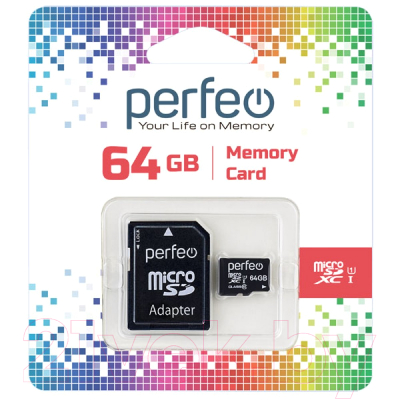 Карта памяти Perfeo MicroSDXC 64GB (Class 10) + адаптер / PF64GMCSX10U1A