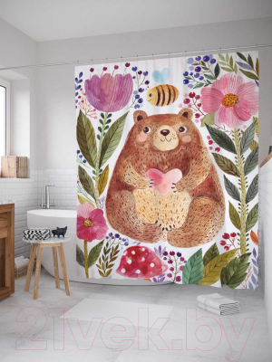Шторка-занавеска для ванны JoyArty Добрый медведь в цветах / sc_14555