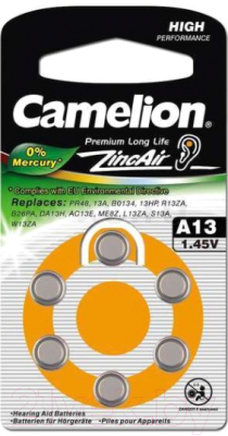 Комплект батареек Camelion ZA13 BL-6 Mercury Free / A13-BP6 (1.4V)