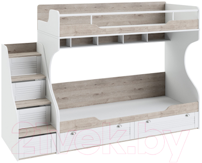 Двухъярусная кровать детская ТриЯ Ривьера СМ 241.11.12 с приставной лестницей (дуб бонифацио/белый)