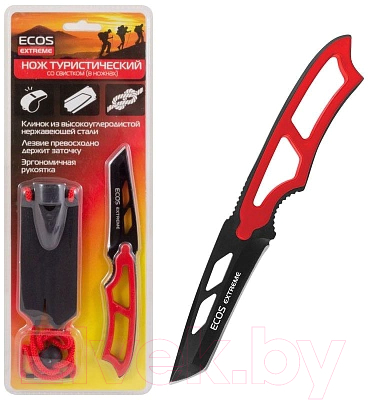 Нож туристический ECOS EX-SW-B01R / 325124 (красный, со свистком)
