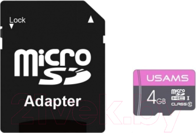 Карта памяти Usams MicroSDHC 4Gb Class 10 + SD адаптер / ZB115TF01 (розовый)