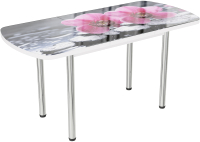 Обеденный стол ВВР Прямоугольный раздвижной (стекло фотопечать орхидея на камне/подстолье прямое белый) - 