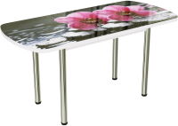 Обеденный стол ВВР Прямоугольный раздвижной (стекло фотопечать орхидея на камне/подстолье прямое ваниль) - 