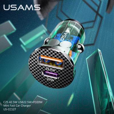 Зарядное устройство автомобильное Usams 4.5A 42.5W Dual Ports USB2.0 + Type-C Quick Charge / CC127CC01 (черный)