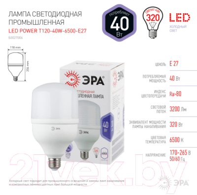 Лампа ЭРА Led Power T120-40W-6500-E27 / Б0027006