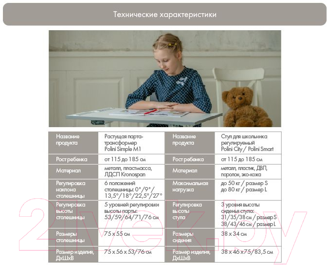 Парта+стул Polini Kids Simple / 0002441.17 (белый/синий)