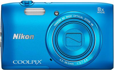 Компактный фотоаппарат Nikon Coolpix S3600 (Blue) - вид спереди с закрытым объективом