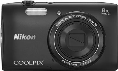 Компактный фотоаппарат Nikon Coolpix S3600 (черный) - вид спереди с закрытым объективом