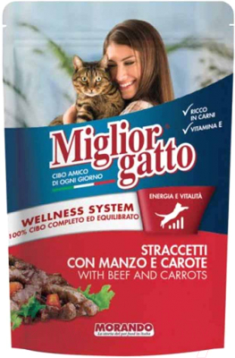 Влажный корм для кошек Miglior Gatto Strips Beef and Carrots (100г)