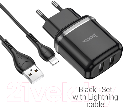 Зарядное устройство сетевое Hoco N4 + кабель AM-8pin Lightning / 6931474731012 (черный)