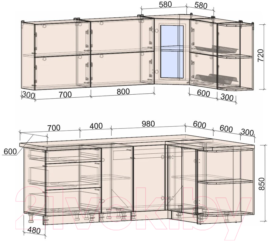 Готовая кухня Интерлиния Мила Матте 1.5x2.1 А правая (белый/белый/кастилло тёмный)