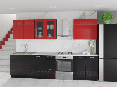 Готовая кухня Артём-Мебель Оля со стеклом 2.4 МДФ/глянец (глянец красный/черный)