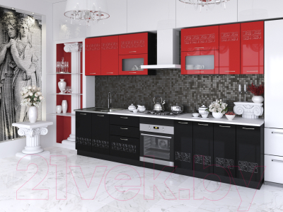 Готовая кухня Артём-Мебель Адель со стеклом 2.6 МДФ/глянец (красный/черный глянец)