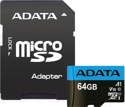Карта памяти A-data Premier microSDXC 64GB + адаптер (AUSDX64GUICL10A1-RA1)