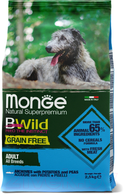 

Корм для собак Monge, Dog BWild Grain Free Adult All Breeds Anchovies/Potatoes