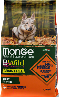 Сухой корм для собак Monge BWild Grain Free Adult All Breeds Duck&Patato (2.5кг)