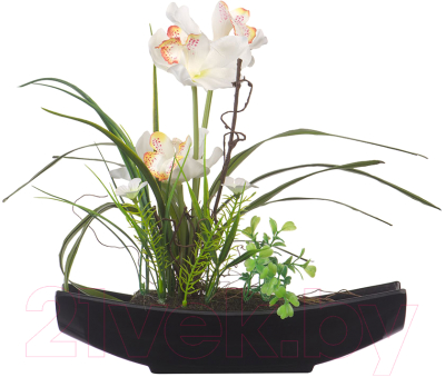 Искусственный цветок Вещицы Орхидея в черной ладье / YW-31 (белый)
