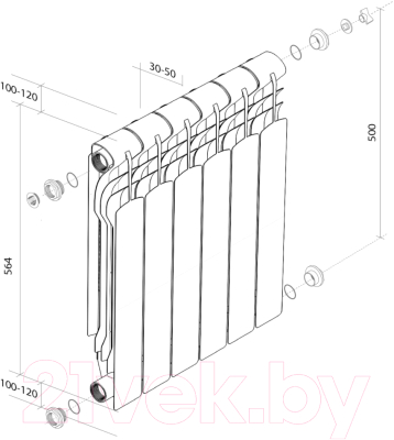 Радиатор биметаллический Royal Thermo Revolution Bimetall 500 (10 секций, с монтажным комплектом и угловыми кранами)