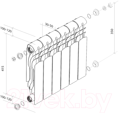 Радиатор биметаллический Royal Thermo Revolution Bimetall 350 (11 секций, с монтажным комплектом и угловыми кранами)