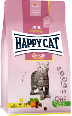 Сухой корм для кошек Happy Cat Junior 4-12 month Land Geflugel птица, без злаков / 70540 (4кг)